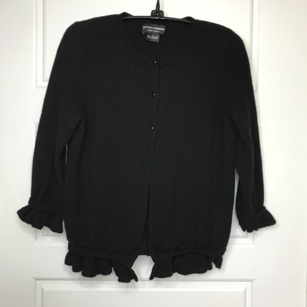Sutton Cashmere Modern Classic Ruffle Black 3 Button Cardigan Sweater Women's S - Picture 2 of 9